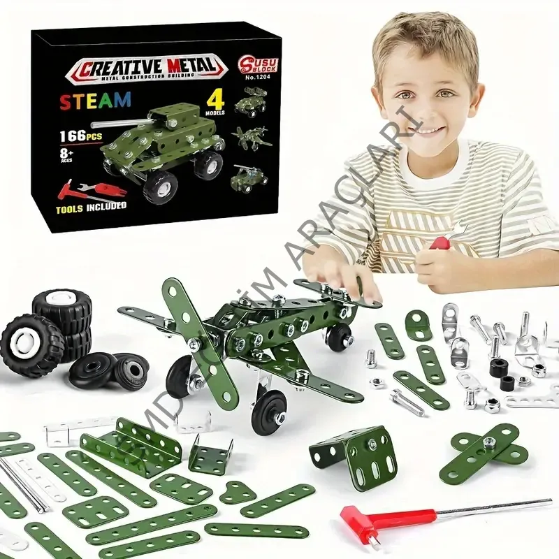 166 parça Kendin Yap 4'ü 1 arada Askeri Seri Model, Birleştirilebilir Yapı Taşları, Eğitici Alaşım Oyuncak